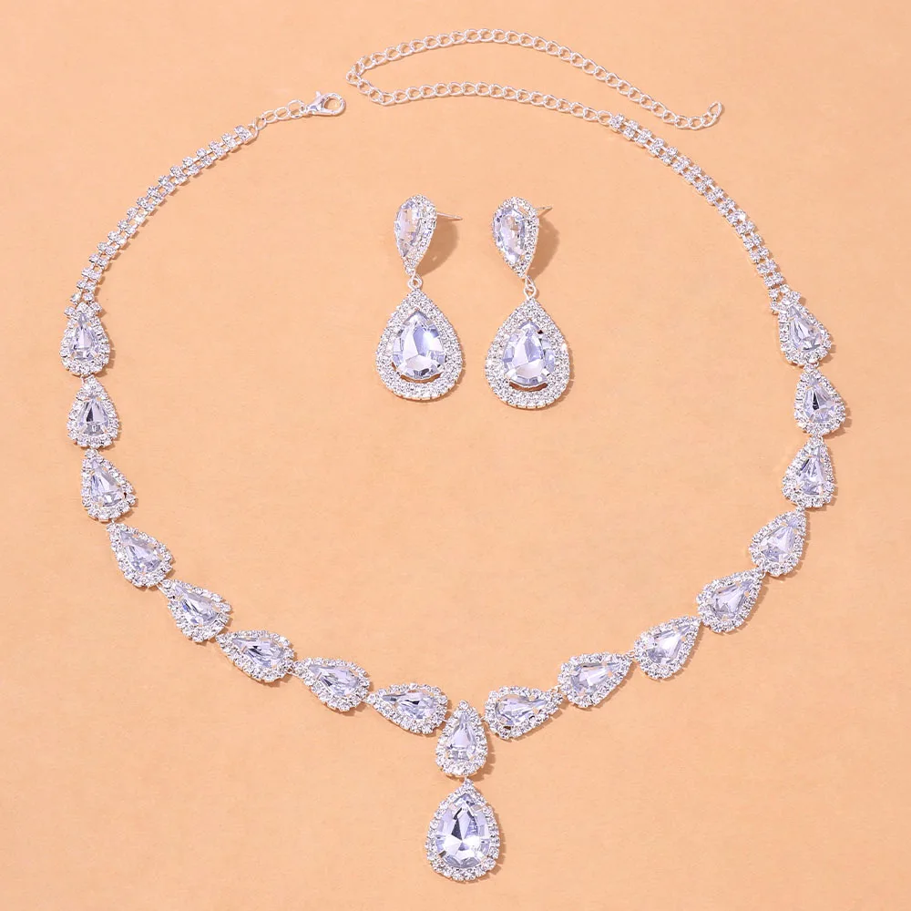 Stonefans News Geometric Rhinestone Bridal Drop Jewelry Set Women Hollow Zircon Necklace Earring Set Party Gift