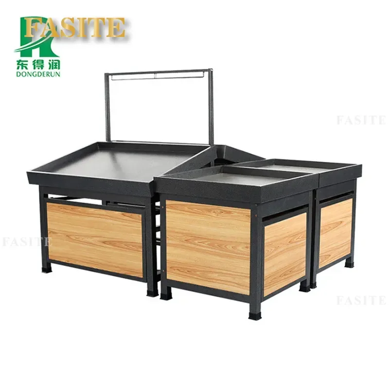 For Supermarket Wood Grain Metal Vegetable Fruit Display Rack Steel Wood Structure Store Shelf High Capacity Durable
