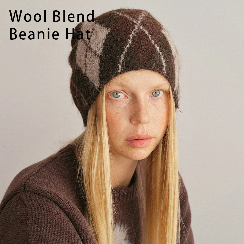 New Wool Blend Designer-Inspired Beanie Hat Diamond Pattern Ivy League Knit Hat Brushed Soft Surface Premium Slouchy Winter Hat