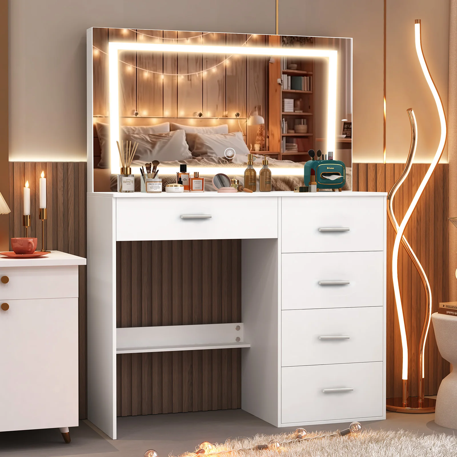 Home Office 365 - Toaletka z dużym lustrem LED, stolik