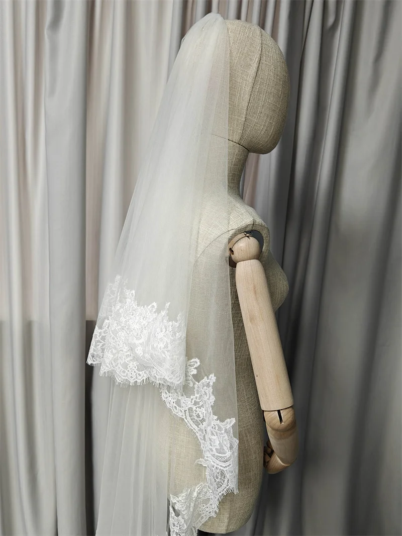 Customized 2 Layers Wedding Veil with Eyelash Lace, 1.5m/2m/2.5m/3m Bridal Veil with Blusher, 2T Eyelash Lace Veil