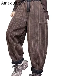 Amax luluE Women Fashion Winter Fur Striped Harem Trousers Loose Vintage Luxury Thicken Denim Pants Ladies Big Size Casual Jeans