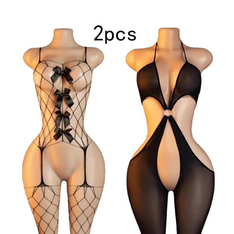 2-Piece Set – Sexy Cut-out Fishnet Bodysuit; Sheer, Sleeveless, Form-fitting Lingerie; Bold, Revealing, and Exotic.