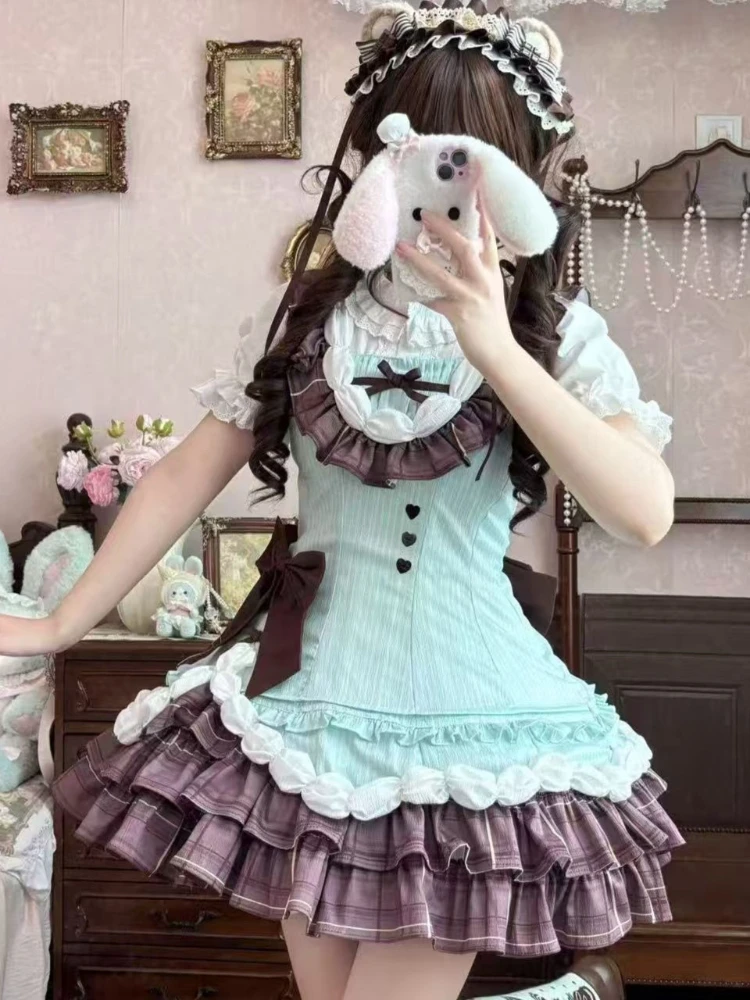 Fashion Women’s Design Cute Lolita Set Bowknot Hoodie Ruffle Skirt Lovable Sweetheart Dress Elegant Kawaii Sweet Summer Outfit