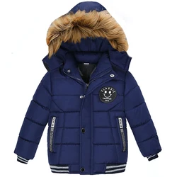 Autumn Winter New Boys Jacket Solid Color Thicken Hooded Zipper Fashion Fur Collar Kids Keep Warm Outerwear For 2 3 4 5 6 Years