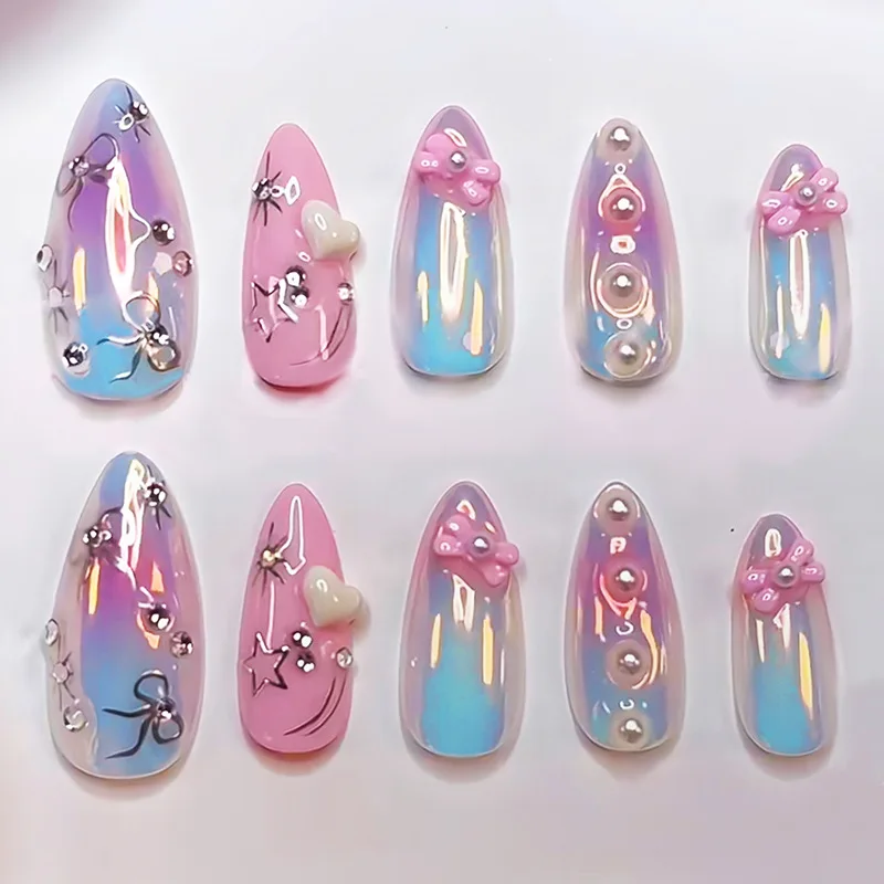 30Pcs Fake Nails Cat-Eye 3D Style Almond-Shaped Silver Stylish Press-On High-Quality Nail Tips—Perfect As A Gift for Girls