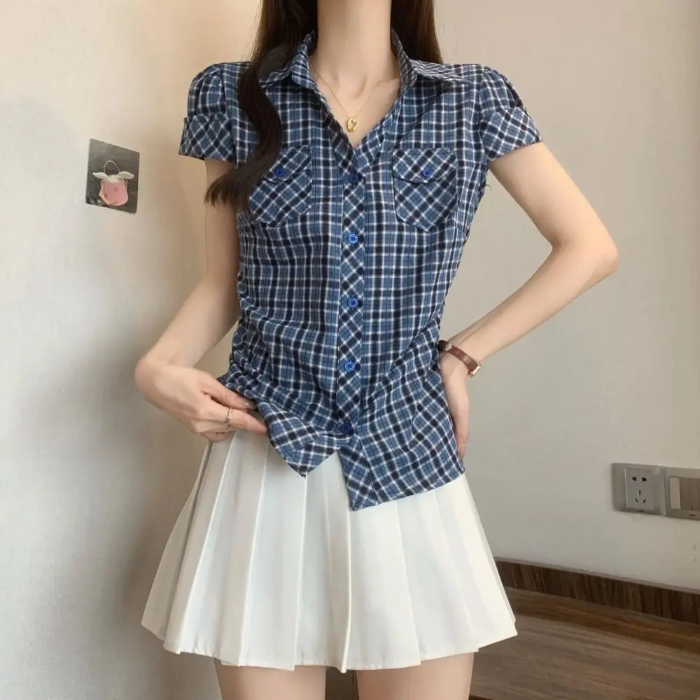 

Simple Short Blue Grid Shirt Ruffle Streetwear Women Blue Grid Blouse Korean Style Pink Long Sleeve Tops Lady Business
