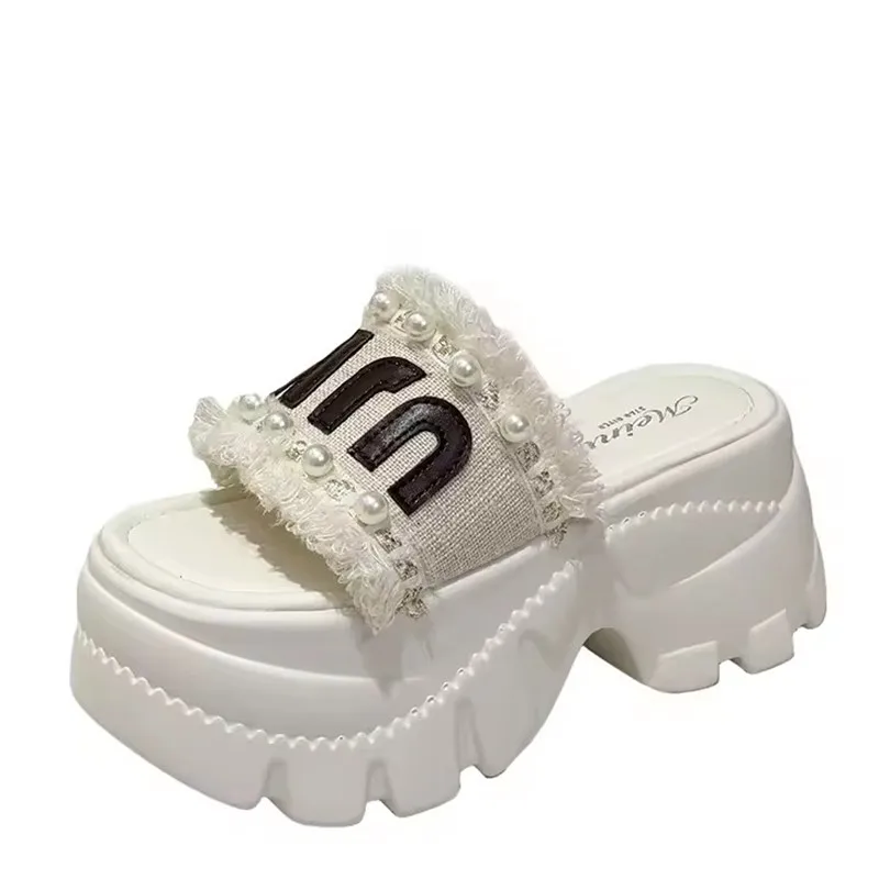 

8cm Pearl Wedges High Heels Slippers Leisure Summer Canvas Sandal Woman Shoes Platform Mules Slippers Slip on Outside