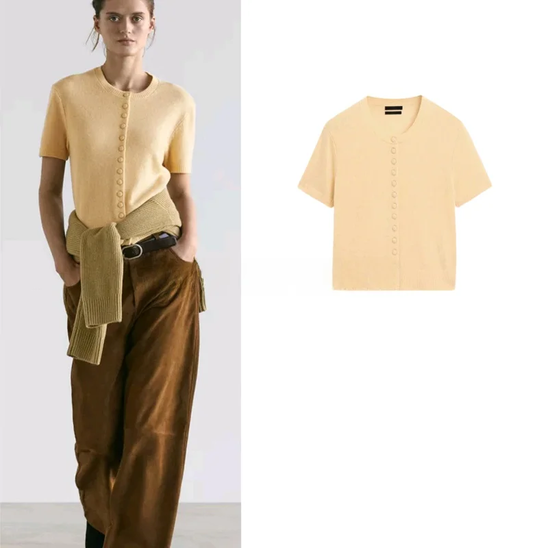 

Женский модный вязаный кардиган с круглым вырезом и коротким рукавом в повседневном стиле, весенняя новинка, из мягкого полиэстера, простой и стильный