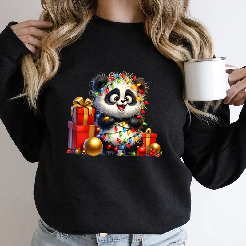 Merry Christmas Cartoon Panda Lights Design Women Sweatshirt Graphic Christmas Kawaii Cartoon Panda Gifts Holiday Sweatshirts