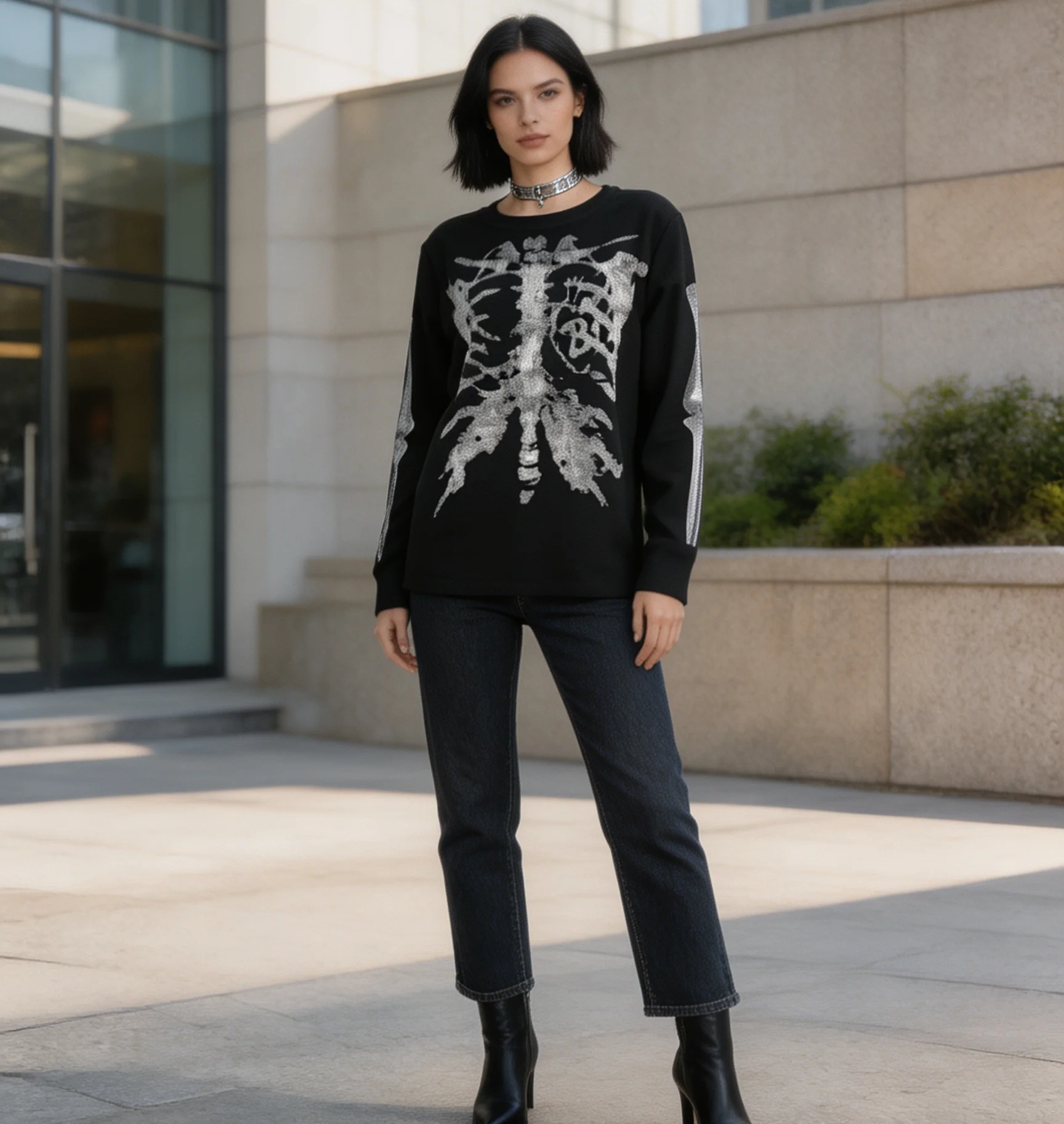 Herbst- und Winter-T-Shirt im amerikanischen Street-Punk-Stil mit Sternum-Print, trendigem, coolem Design und Waffelstruktur. – Detail 5