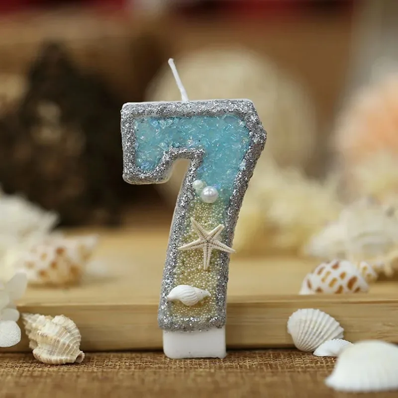 3inch Birthday Candle Large Number 4 Candle Marine style Beach Starfish Seashells Cake Topper for Kids Birthday Party Decoration