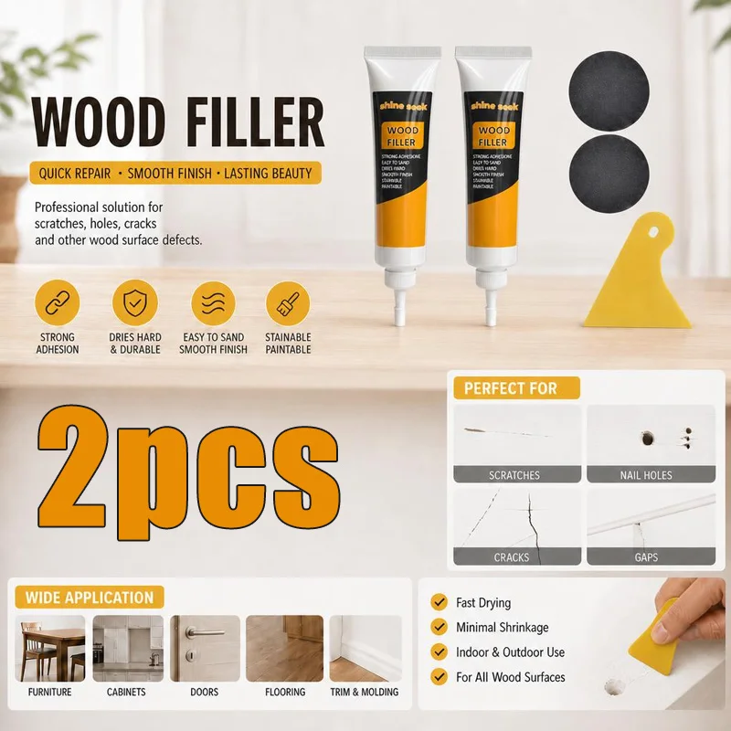 2Pcs Wood Repair Paste + 1Pc Scraper + 2Pcs Sandpaper Set, Can Be Used to Apply Paintable Wood Putty | Easy to Sand, Resists Shrinking and Cracking, Quickly Repairs Cracks, Holes, and Damage (White) | Can Effectively Cover Scratches, Dents, Nail Holes, Cracks, and Stains. Suitable for Wooden Doors, Floors, Tables, Cabinets, Desks. Indispensable Woodworking Tools, a Great Choice!