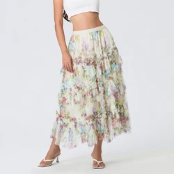 Early Fall Floral Print Ruffle Mesh Skirt Women Irregular Flowy A-line Midi Skirt for Travel, Beach, Shopping