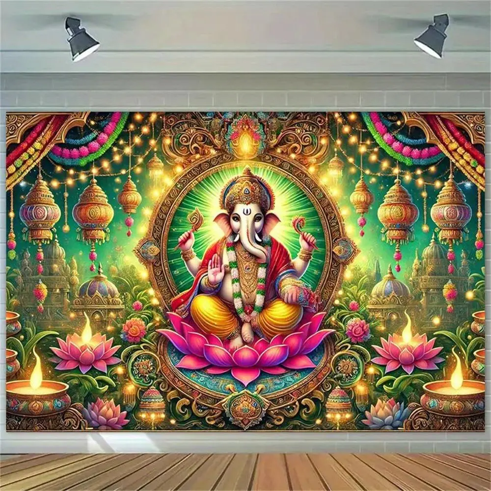 VIKAMA Lord Ganesha Tapestry Wall Hanging Hindu Elephant God Canvas Art Home Temple Decor Diwali Gift Yoga Meditation Room