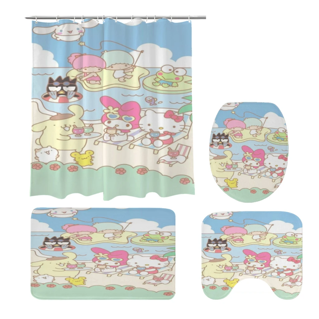 

Sanrio Characters Hello Kitty 4 Piece Shower Curtain Set, Waterproof Bathroom Partition Curtain,Bath Rug,Mat,Toilet Seat Cov