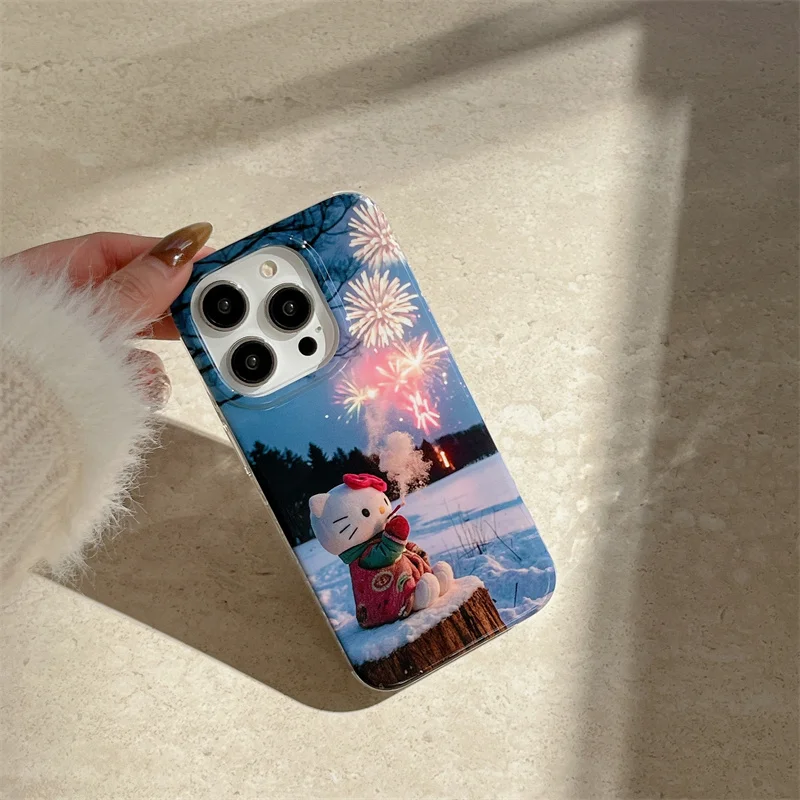 Luxury Snow Mountain Cute Hello Kitty Fireworks Phone Case For iPhone 15 16 13 14Pro Max Funny Naughty Smoke KT shockproof Cover