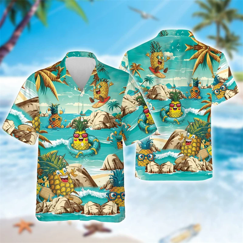

Summer Hawaiian Fruit Pineapple Party 3D Print Beach Shirt Casual Aloha Sealife Shirts For Men Hip Hop Animal Y2k Blouses Tops