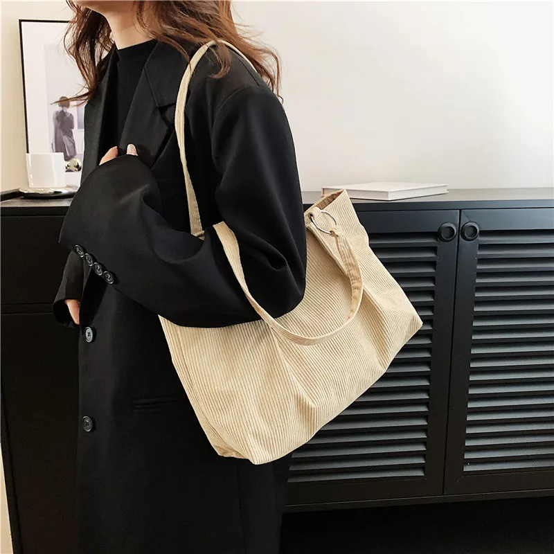 Corduroy Totes Bags for Women Shopper Girls Handbags Zipper Eco Environmental Thickened Large Capacity Winter Shoulder Bags