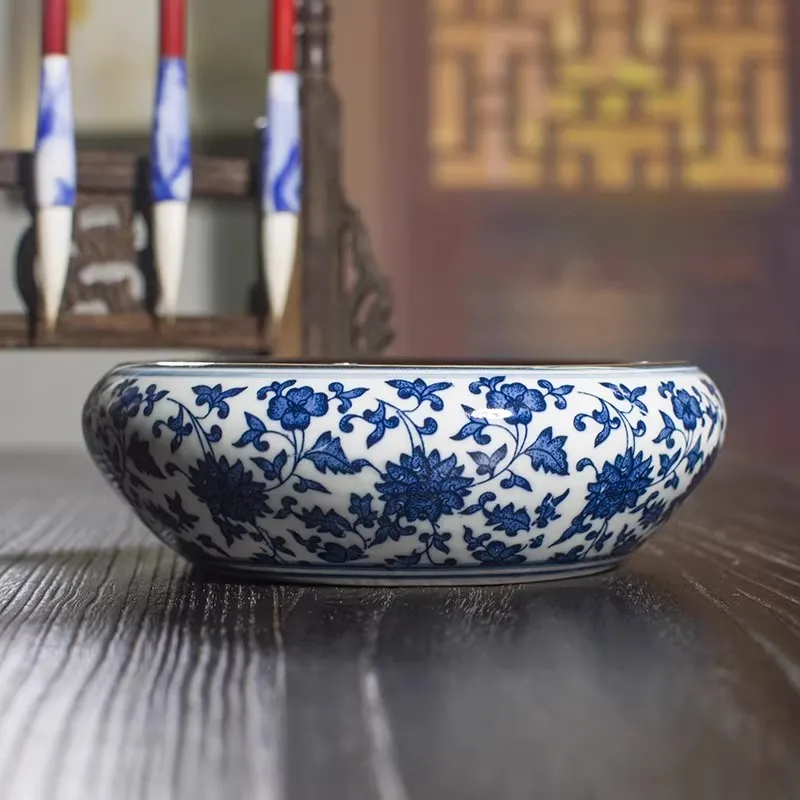 Blue and White Ceramic Brush Washer – Antique-Style Chinese Calligraphy Tool for Ink Painting Art Supplies
