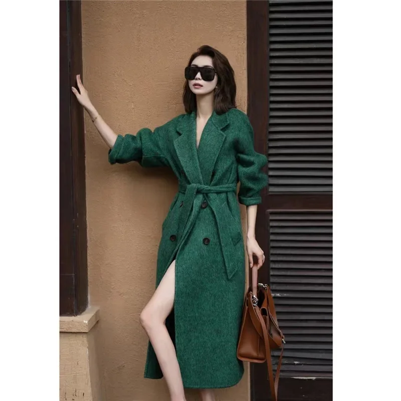 

Wool Coat Women New Winter 2023 Red Coat Wide Pine Mulberry Silk Coat Autumn Double Breasted Tied Green Coat Casual Commuting