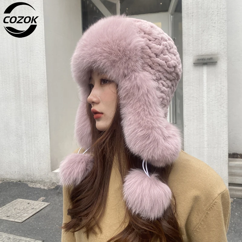 

New Winter Hats for Women Real Fox Fur Bomber Hat Elastic Knitted Luxury Lady Real Rex Rabbit Fur Beanie Hat With Ear Protectors