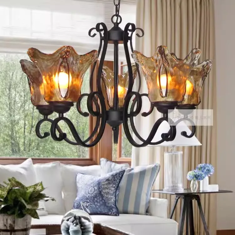 Mediterranean living room pendant lamp, American lamp, bedroom lamp, amber glass brown cover, iron art lamp