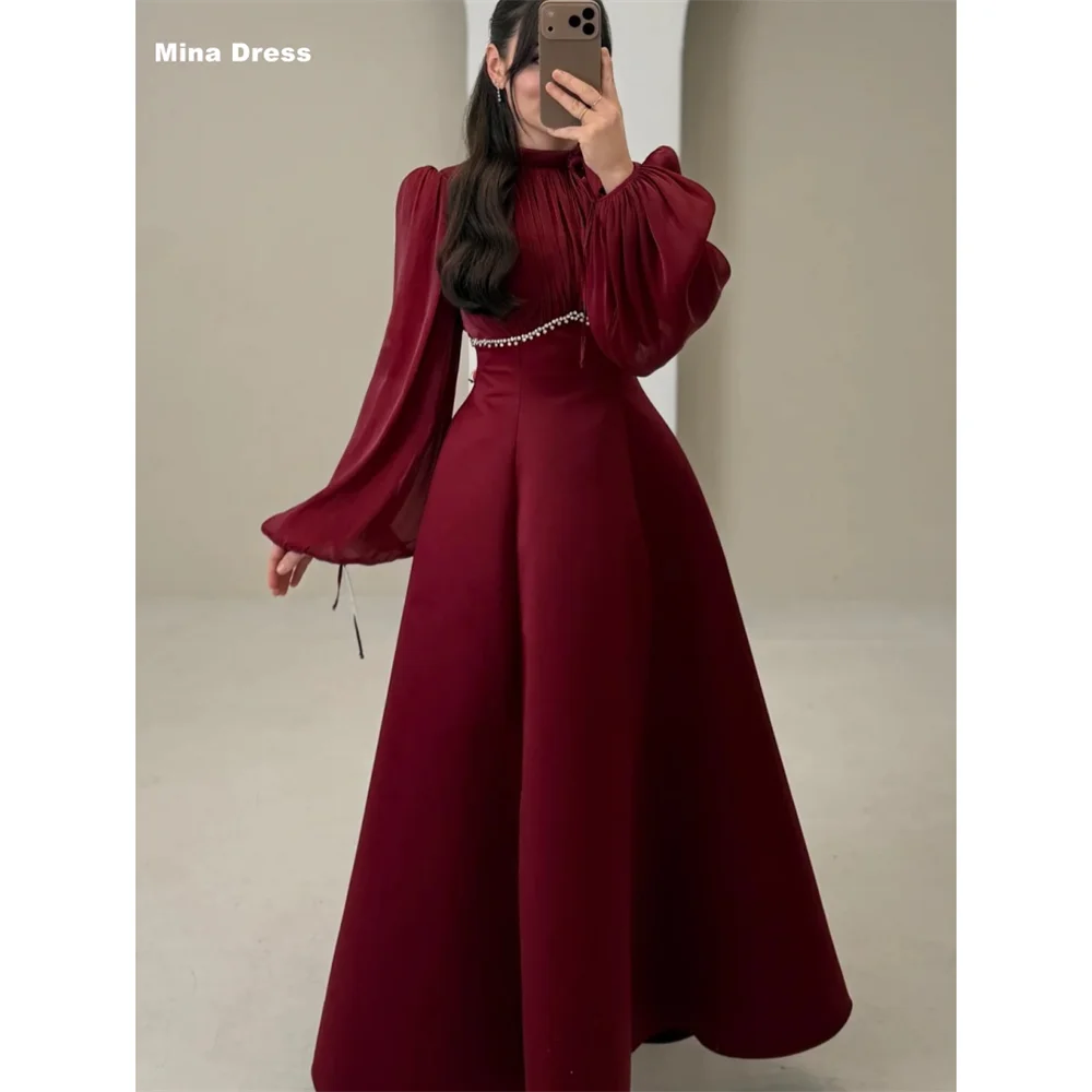 

Mina Customized Burgundy Beads Elegant Party Dresses for Special Occasions Puff Long Sleeves Prom Dress Round Neck Night Luxury