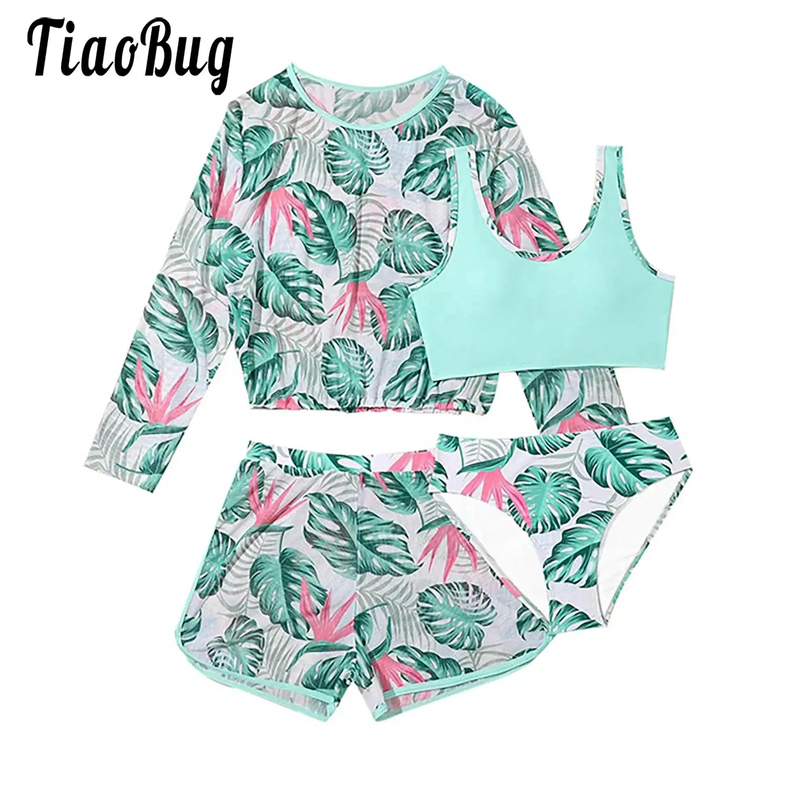 

Girls Swim Tankini Swimsuit Set Long Sleeves Shirt Tops And Shorts Cover Up Set Tropical Print Boho Swimwear Beach Bathing Suit