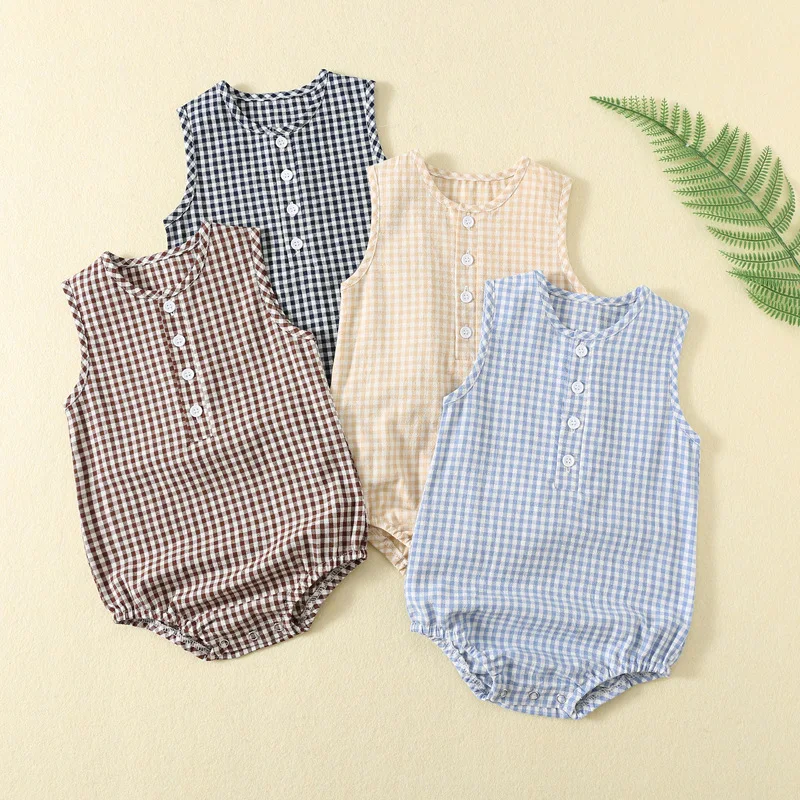 Somenie Newborn Baby Summer Sleeveless Triangle Bodysuit Pure Cotton Boys Girls Fashion Plaid Romper Infant Outing Trend