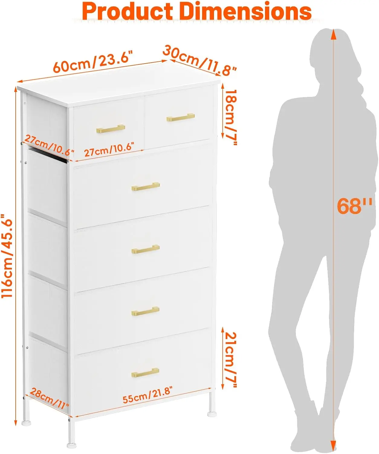 

Tall Dresser For Bedroom With 6 Fabric Drawers, Chest Of Drawers For Closet, Living Room, Hallway, White Dresser With Sturdy