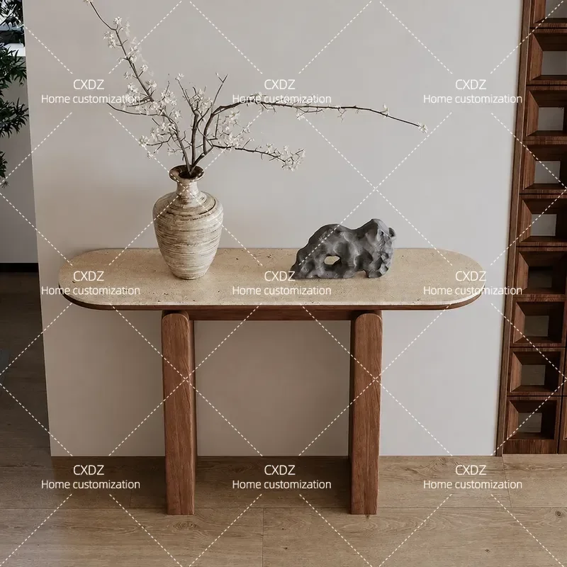 Retro Travertine Rock Slab Entryway Table Solid Wood Super Narrow Console Table for Small Apartment Corridor Wall Mounted