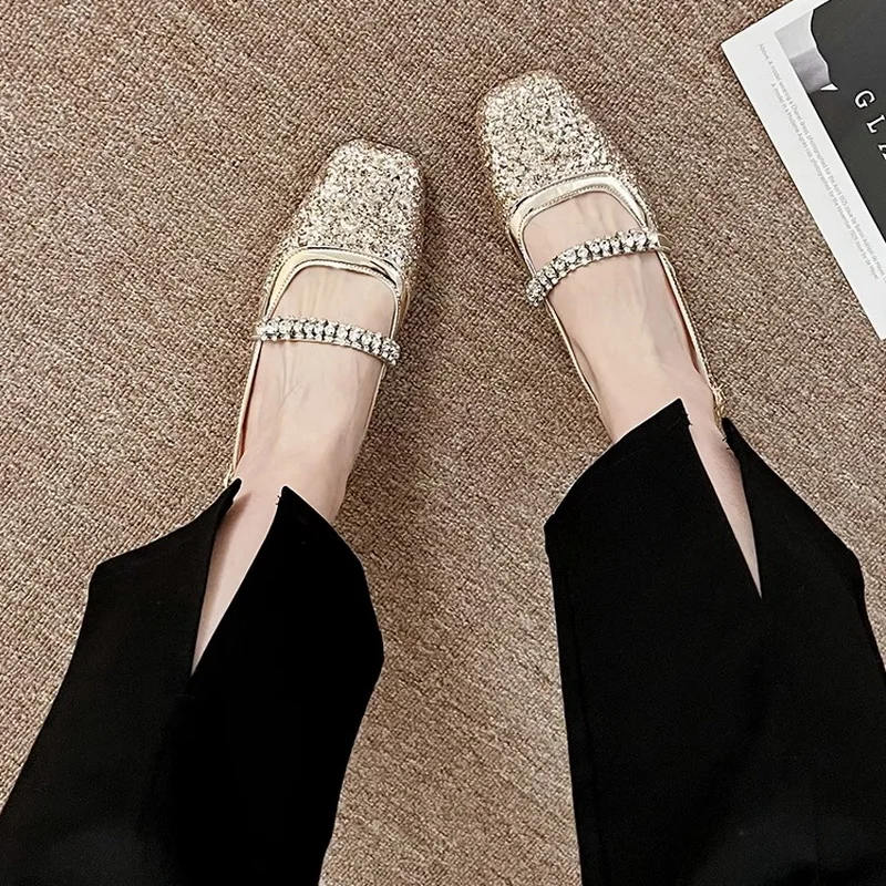 French Rhinestone Sequin Crystal Shoes Women Square Toe Mary Jane\'s Baotou Sandals Buckle Belt Thick Low Heels Slingback Sandal