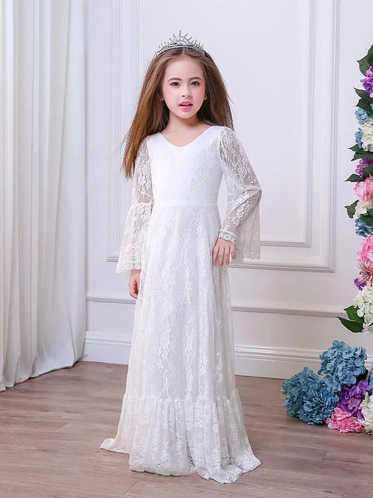 Vestidos Elegantes de manga larga con apliques de encaje para niña, vestidos de princesa para baile de primera comunión, moda de graduación, 2023