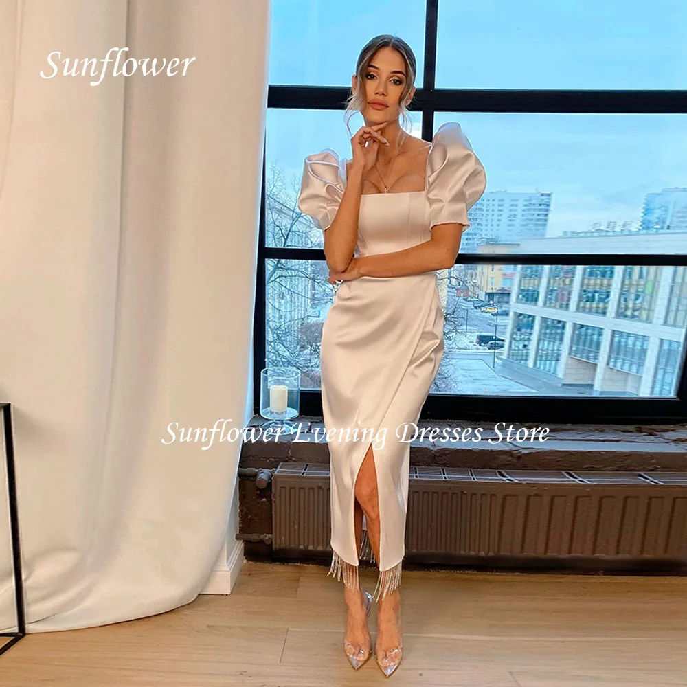 Sunflower Square Collar Prom Gown Mermaid Evening Dress Slim Satin Party Dress 2023 Tassel Ankle-Length Customized