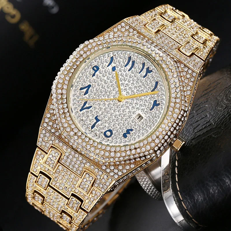 Arab Number Iced Out Full Diamond Watch for Men Hip Hop Mens Watches Luxury Quartz Wristwatch Man Clock Gold Steel Reloj Hombre