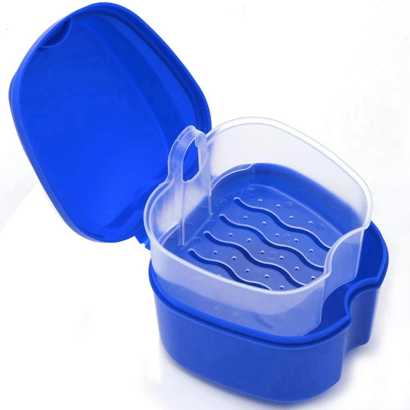 4X Dark Blue Denture Case, Denture Cup With Strainer, Denture Bath Box False Teeth Storage Box With Basket Net