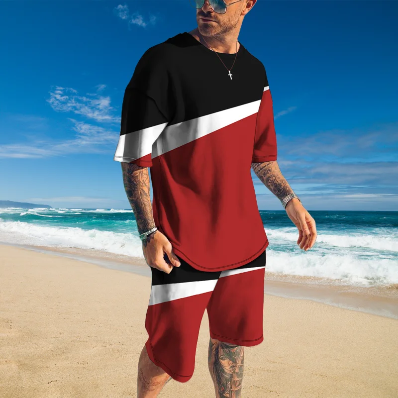 

2025 Summer Men's Fashion Street Short-sleeved Suit Simple 3D Printing Casual Beach Two-piece Comfortable and Breathable