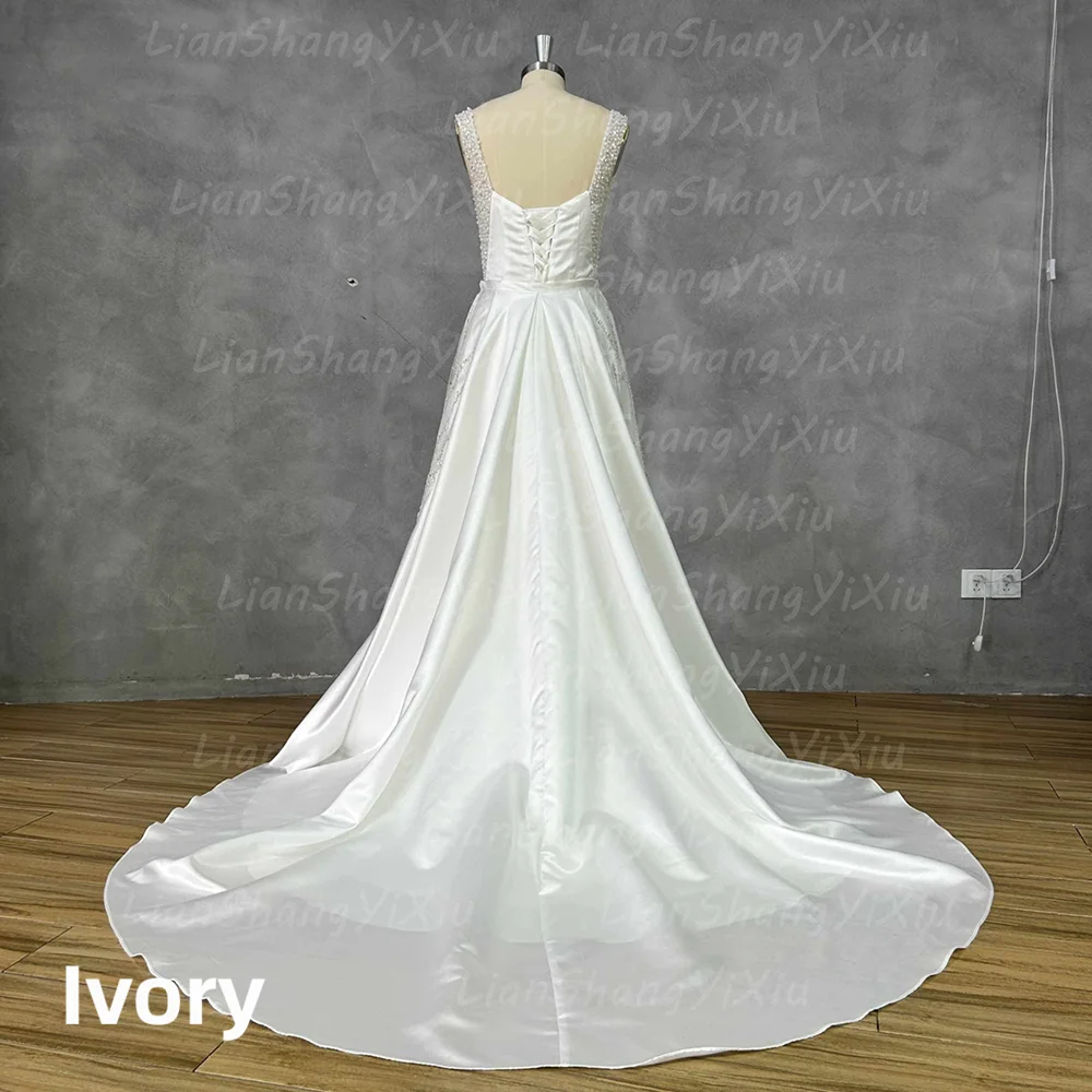 Satin Mermaid Wedding Dress Beaded Strap Square Neck V Back Detachable Overskirt Bridal Gown For Wedding Elopement Shoot 2026