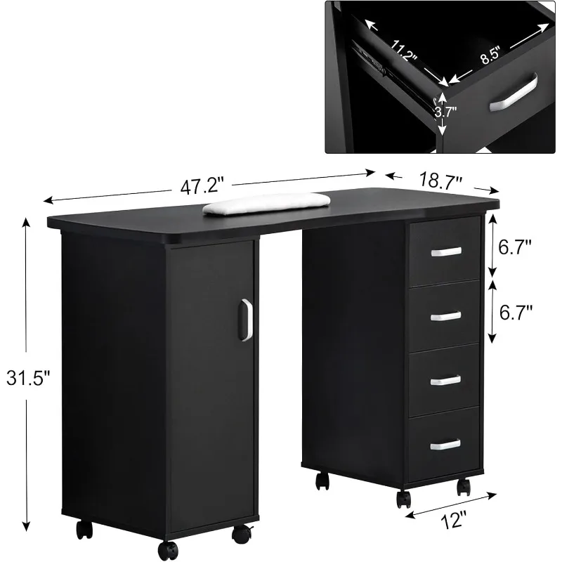 Manicure Table, Acetone Resistant, Nail Table with 4 Drawers, 2 Cabinet, Lockable Wheels, Wrist Pad