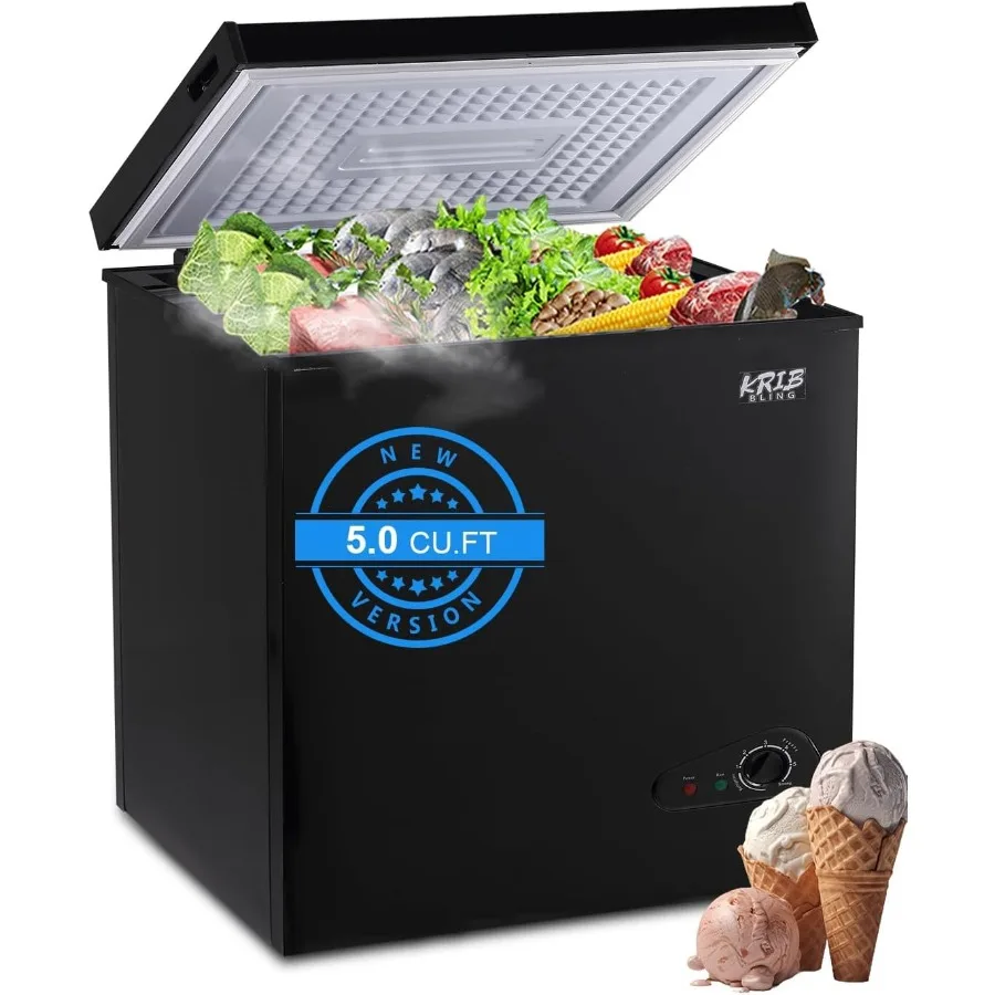 

Compact 5.0 cu.ft Mini Chest Freezer with Adjustable Thermostat and Removable Basket for Home Kitchen Storage Top-Opening Desig