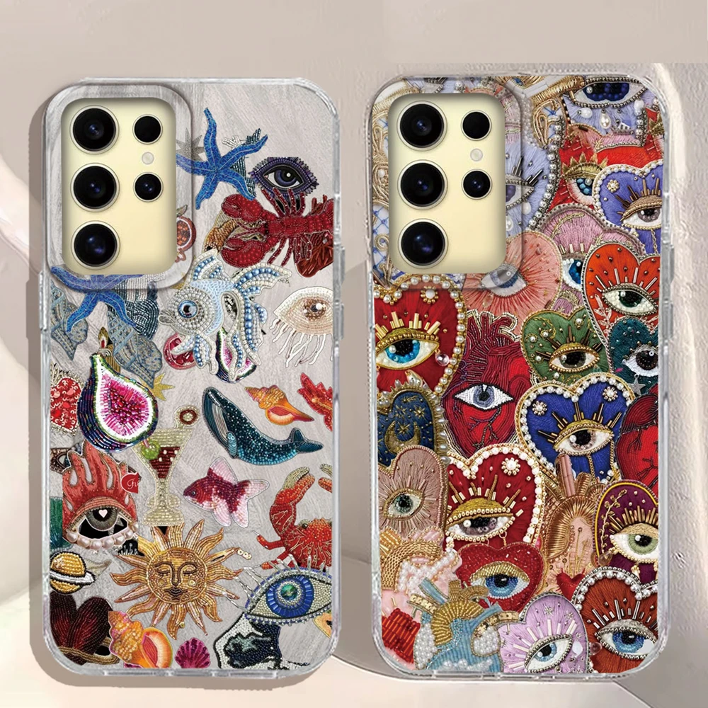 Planet Fruit Sun Face Feather Texture Trendry Phone Case for Samsung Galaxy S25 S24 S23 S22 S21 FE Plus Ultra TPU Silicone Cover