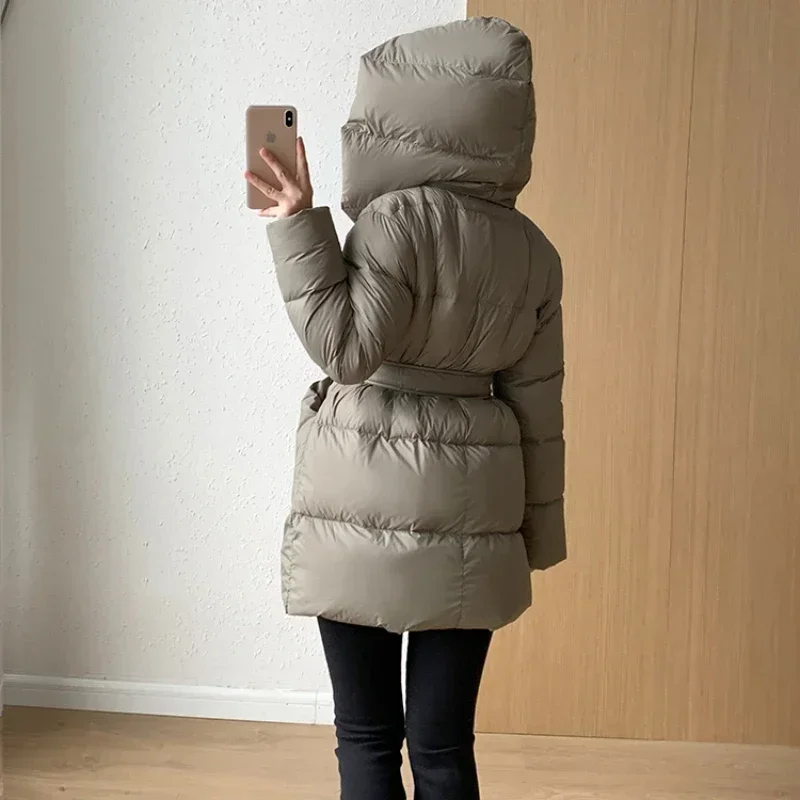 Mid-length Hooded Women's Winter Down Jacket Hooded Parkas 2024 New High-end Simple Casual Lace-up Fluffy Warm Down Coats