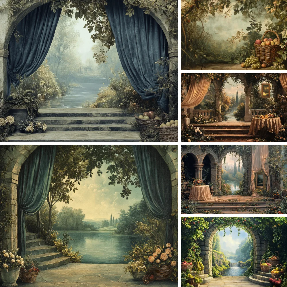 

Retro Abstract Backdrop Forest Oil Painting Green Tree Rural Fields Decorations Photography Background Banner Photocall