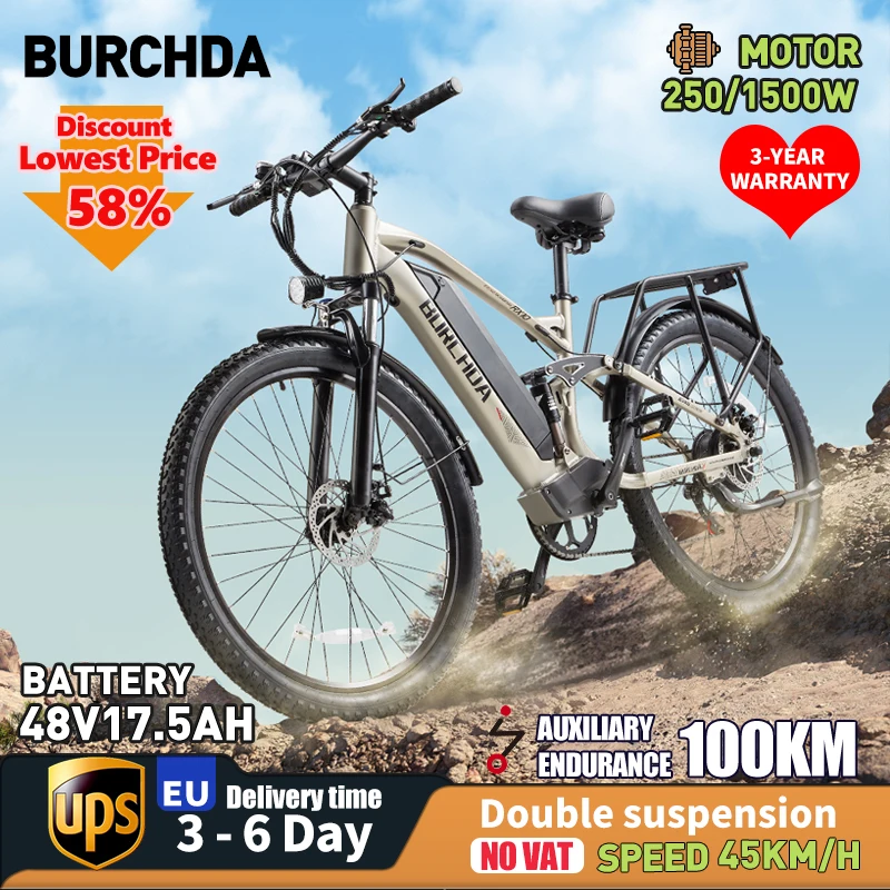 BURCHDA-RX10 electric bicycle27.5 Inch,1500W,48V,17.5 Ah,Large Battery,50 KM/H,Dual Shock Suspension,Adult Mountain E-Bike