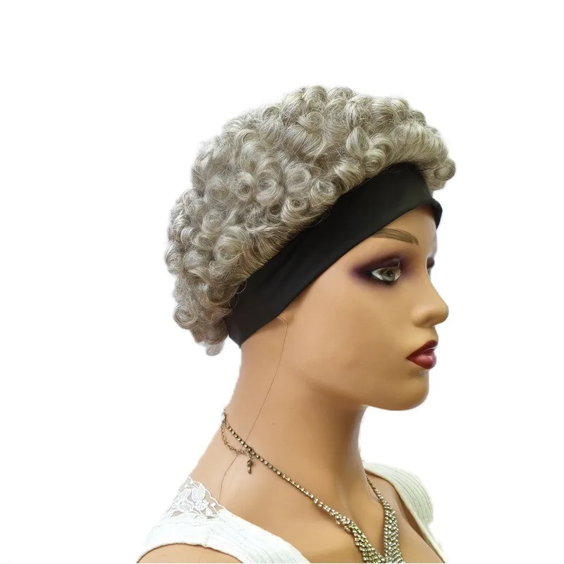 

Grey Grandma Gray Short Curly Wig 6 Inch 150% Density Human Hair Full Head Cover Ice Silk Headband Wig For Women Daily Cosplay