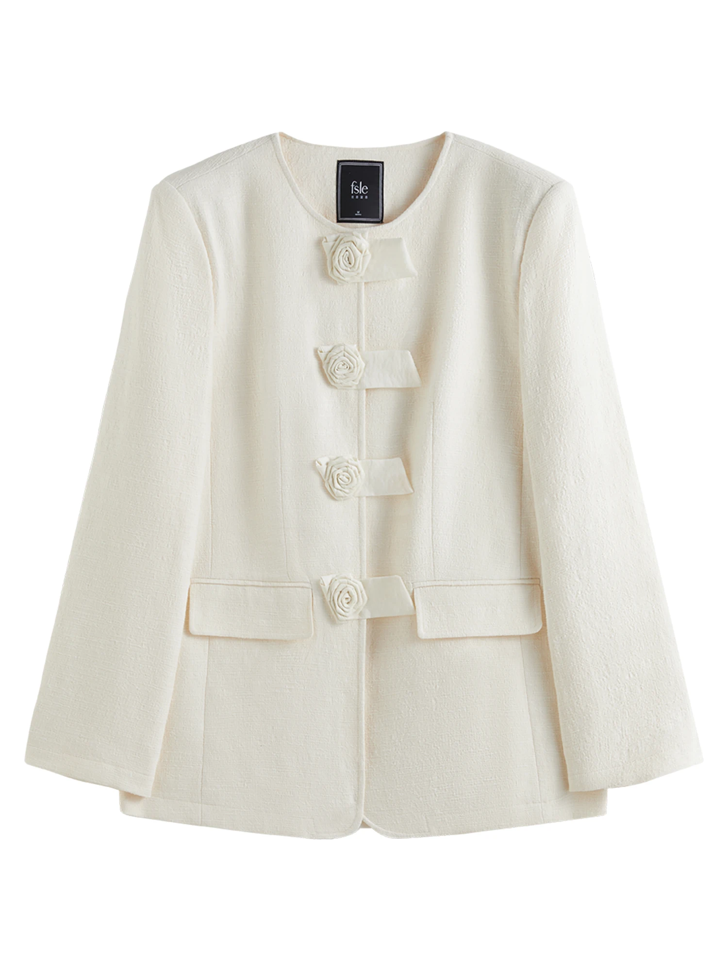 FSLE【Premium Series】Women Spring Beige Jackets Round Neck Handmade Flower Design Office Lady Spring Coats 25FS11326