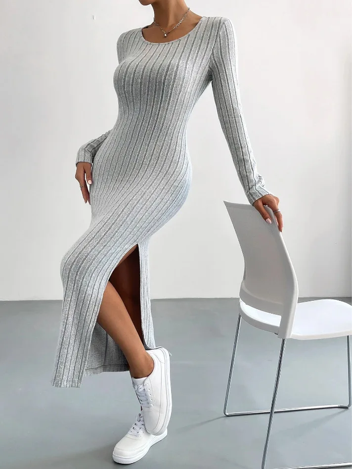 Autumn And Winter Casual Large Size Knitted Dress For Women Sexy Slim Elegant Retro Long Skirt Long Sleeve Round Neck Slit Dress