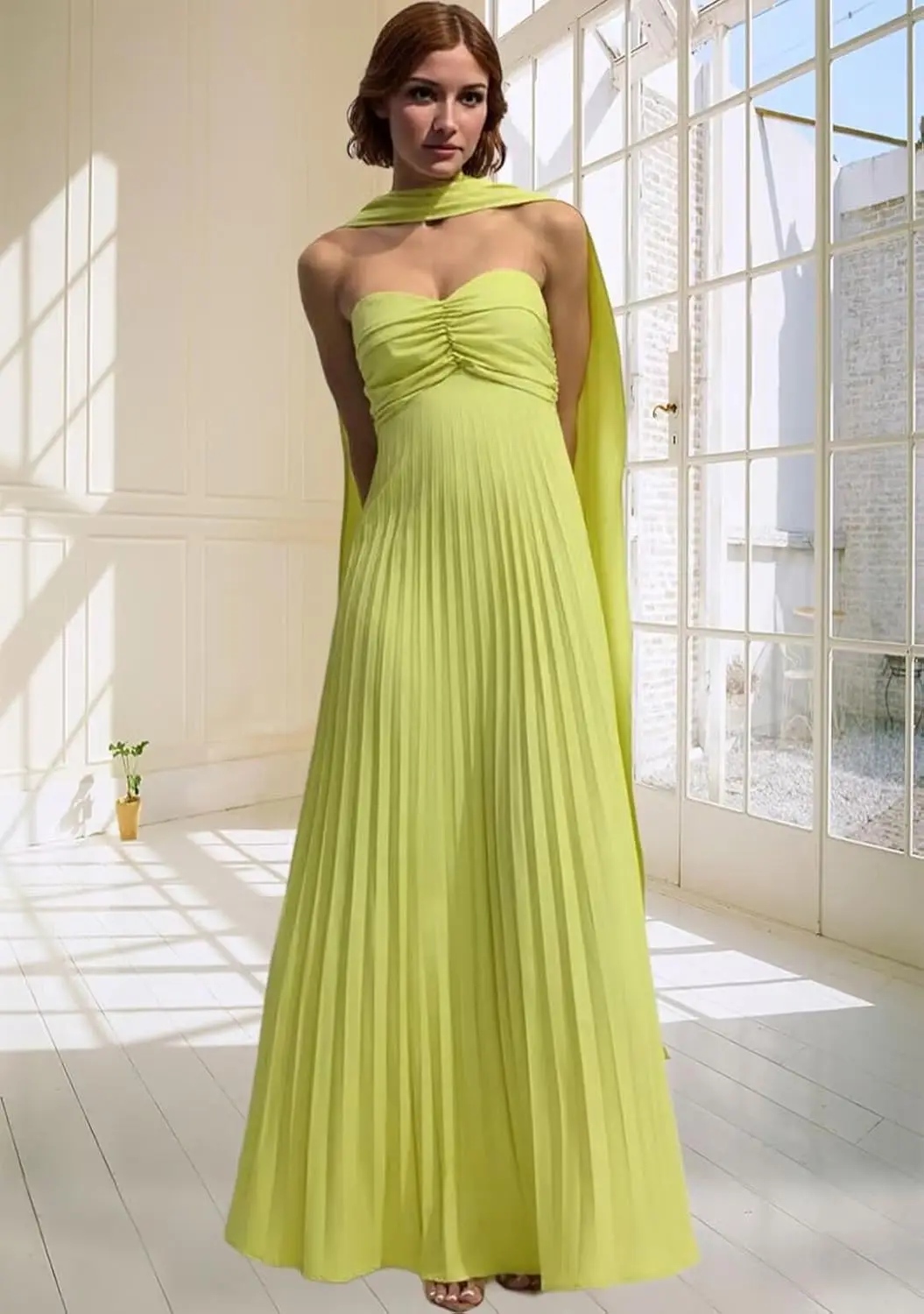 ชุดเพื่อนเจ้าสาวผ้าชีฟองยาวทรงพลีทพร้อมผ้าพันคอ ทรงเอไลน์ สายเดี่ยว ชุดราตรีสำหรับแขกในงานแต่งงาน ชุดราตรีงานเลี้ยง ชุดออกงานพรอม