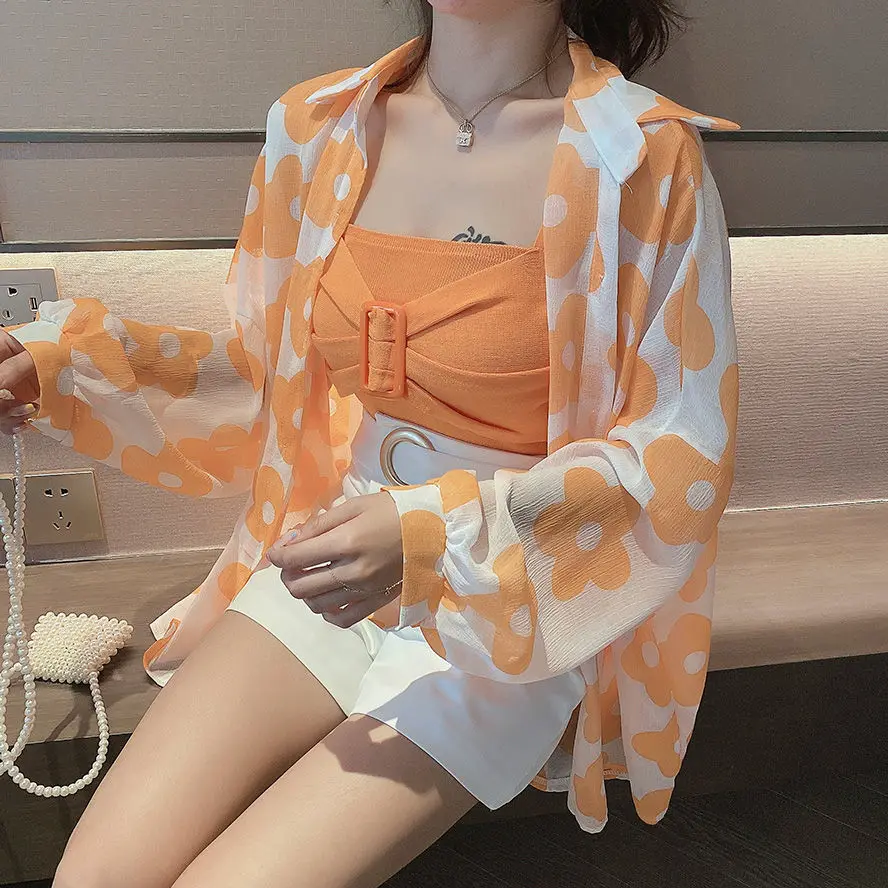 قميص واقي من الشمس مكون من ثلاث قطع شورت واسع الساق بحمالات مكونة من قطعتين بدلة صيفية عصرية جديدة